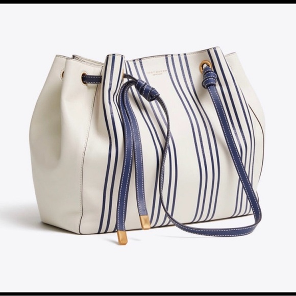 Tory Burch Handbags - Tory Burch Cream and Navy Striped Drawstring Bucket Shoulder Bag